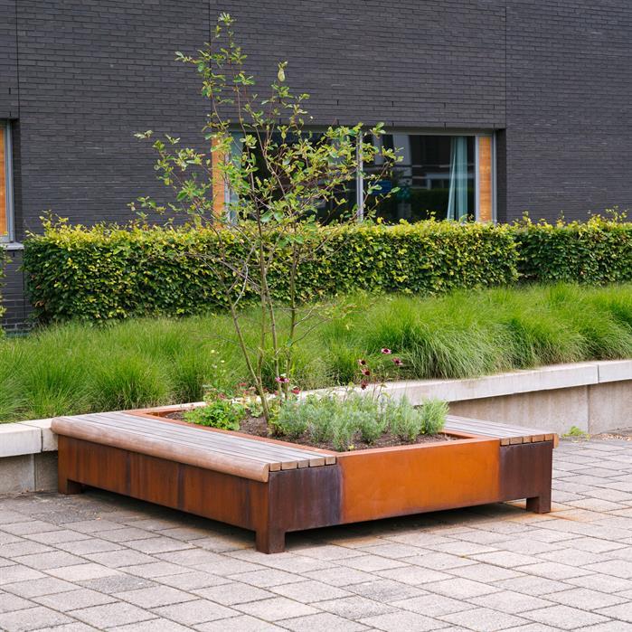 GP.2000C.Ct.BX bamboe - Cortenstaal,Greenpoints,AROS met hoekbank,2000 x 2000 x 450 mm