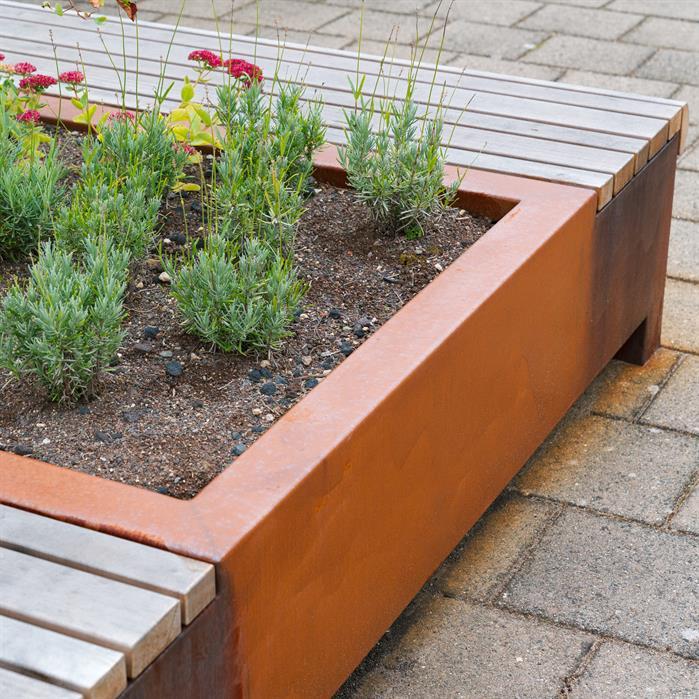 GP.2000C.Ct.BX bamboe - Cortenstaal,Greenpoints,AROS met hoekbank,2000 x 2000 x 450 mm